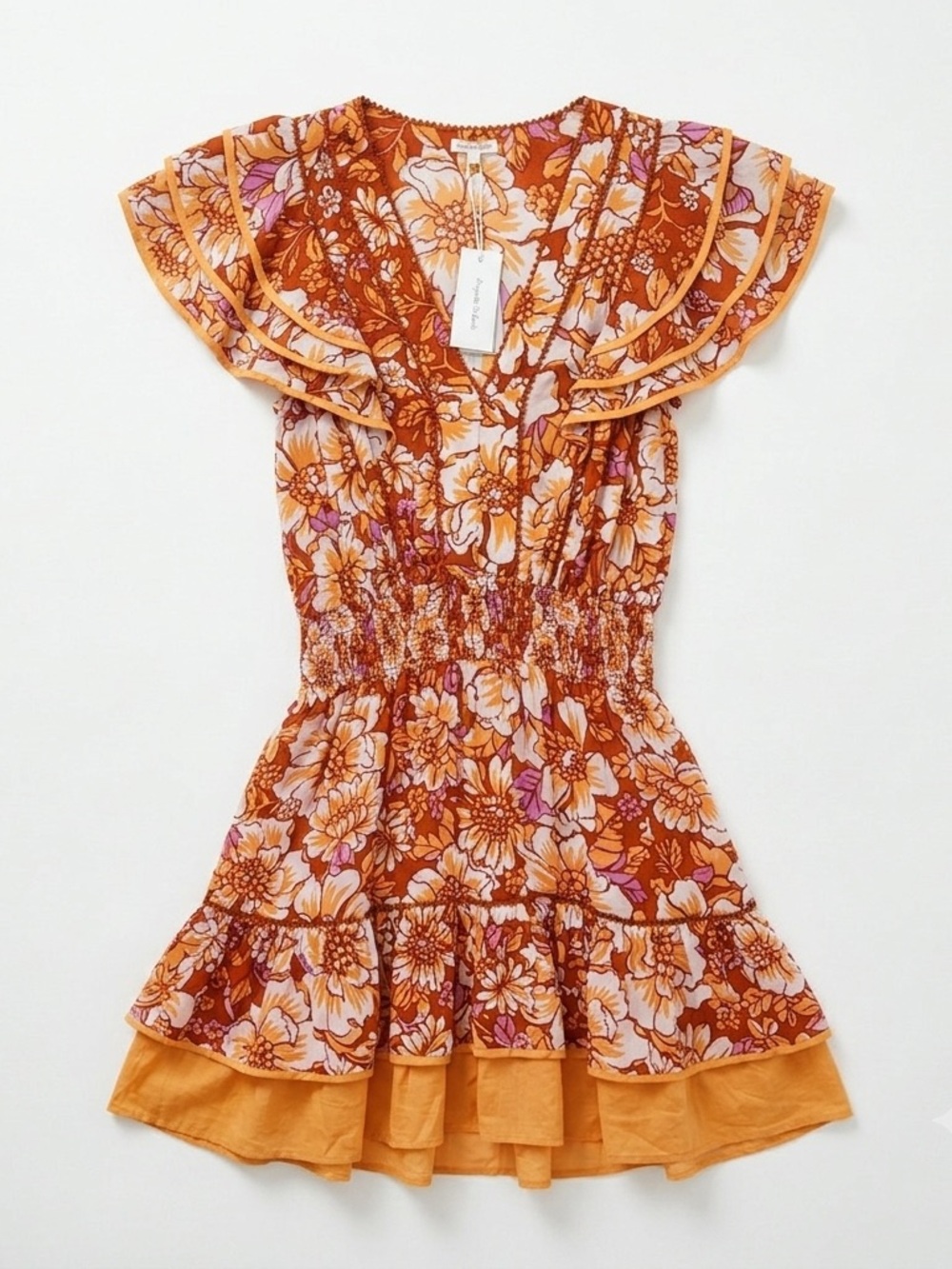Poupette St Barth NWT Floral Ruffle Mini Dress Smocked Boho Resortwear Small